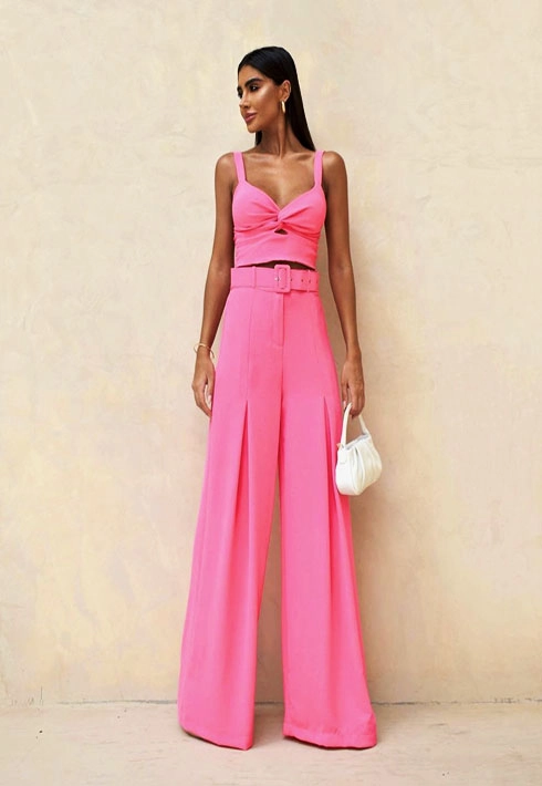 Calça Pantalona Crepe Cinto Pink