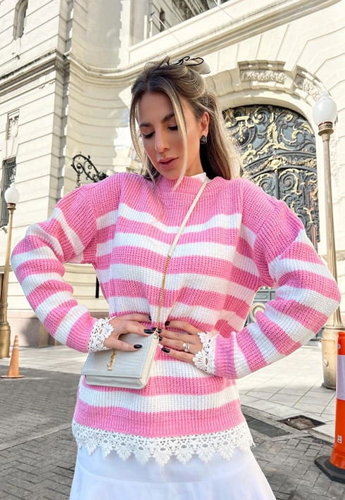 Blusa Tricot Mousse Listras Nati Rosa Feminino