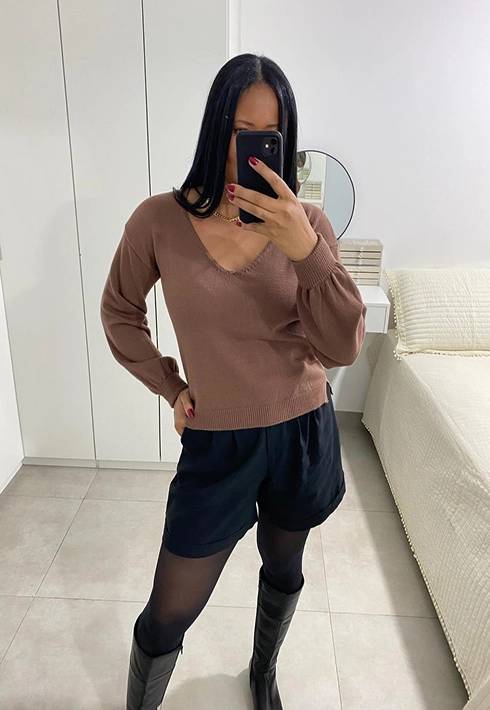 Blusa Tricot Gola V Mousse Chocolate