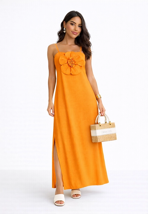 Vestido Alça Regulável Flor Laranja Feminino