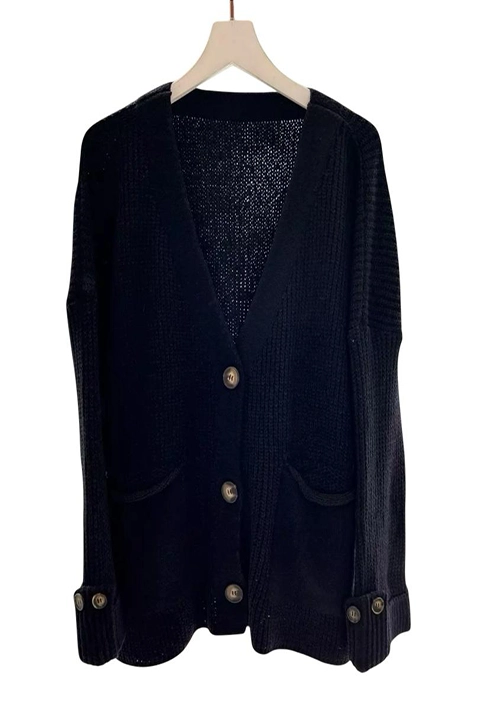 Casaco Tricot Mousse Botões Preto Feminino