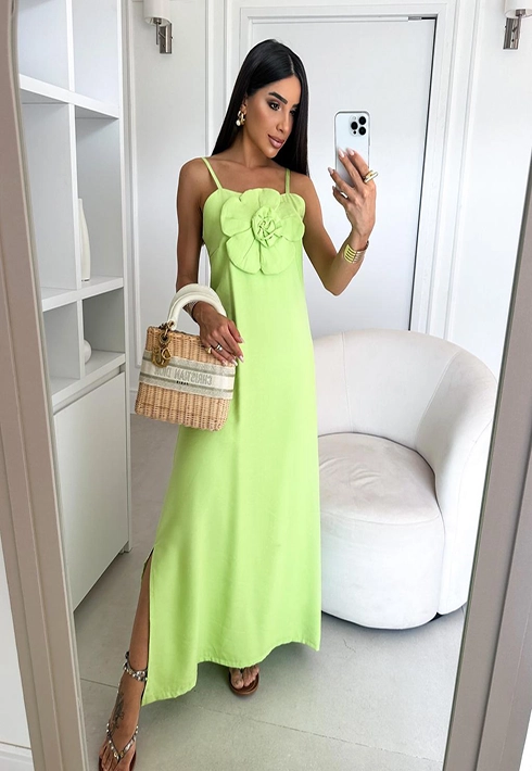 Vestido Alça Regulável Flor Verde Lima