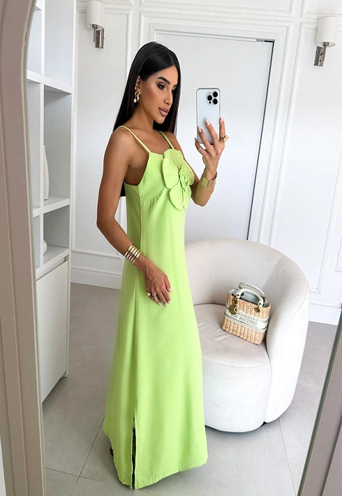 Vestido Alça Regulável Flor Verde Lima