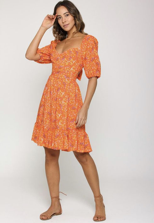 Vestido Curto Flores Laranja Feminino