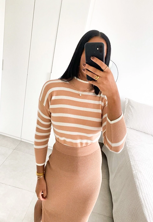 Blusa Tricot Listras Nude com Off Feminino