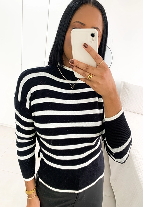 Blusa Tricot Listras Preto com Off Feminino
