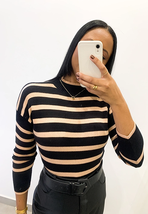 Blusa Tricot Listras Preto com Bege Feminino