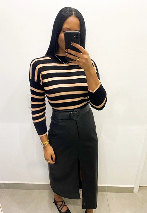 Blusa Tricot Listras Preto com Bege