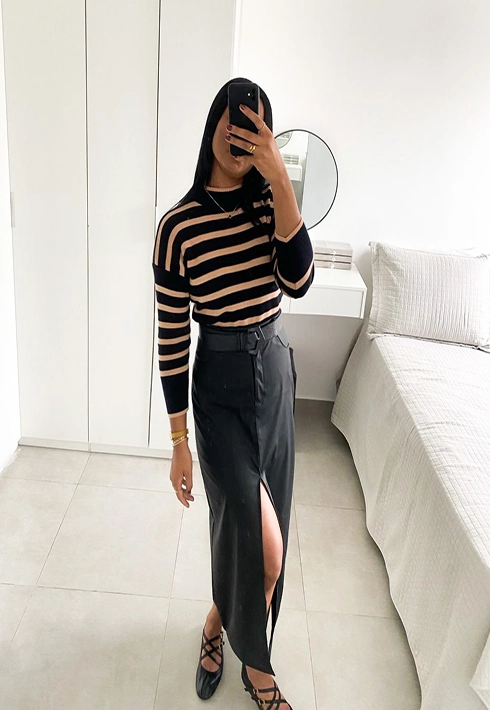 Blusa Tricot Listras Preto com Bege