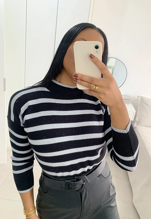 Blusa Tricot Listras Preto com Cinza Feminino