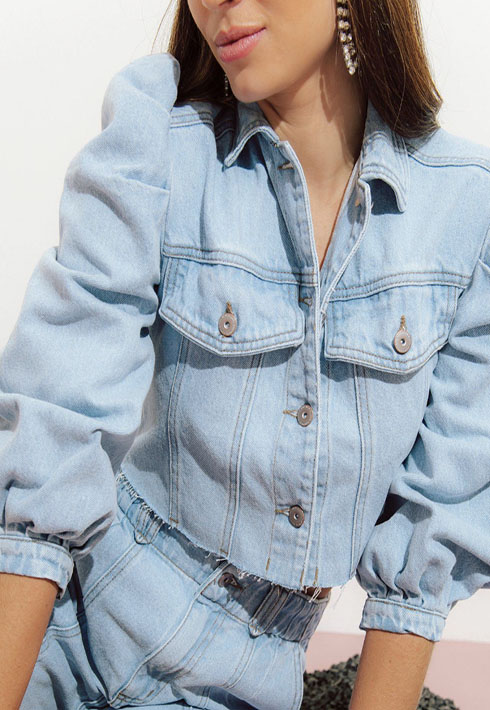 Jaqueta Cropped Manga Bufante Clara Feminino