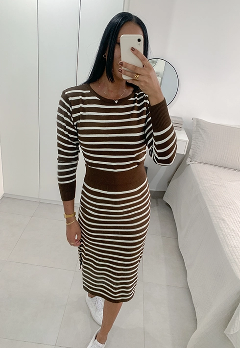 Conjunto Tricot Listras Marrom com Off