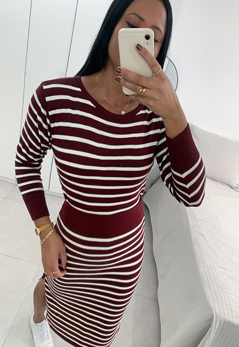Conjunto Tricot Listras Bordô com Off