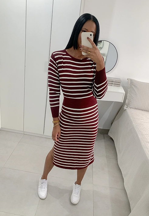 Conjunto Tricot Listras Bordô com Off