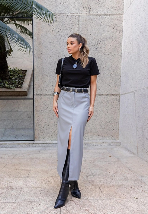 Saia Midi Luna Cinza Feminino