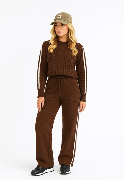 Conjunto Tricot Listras Laterais Marrom