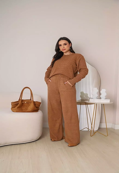 Conjunto Tricot Trançado Bege Escuro