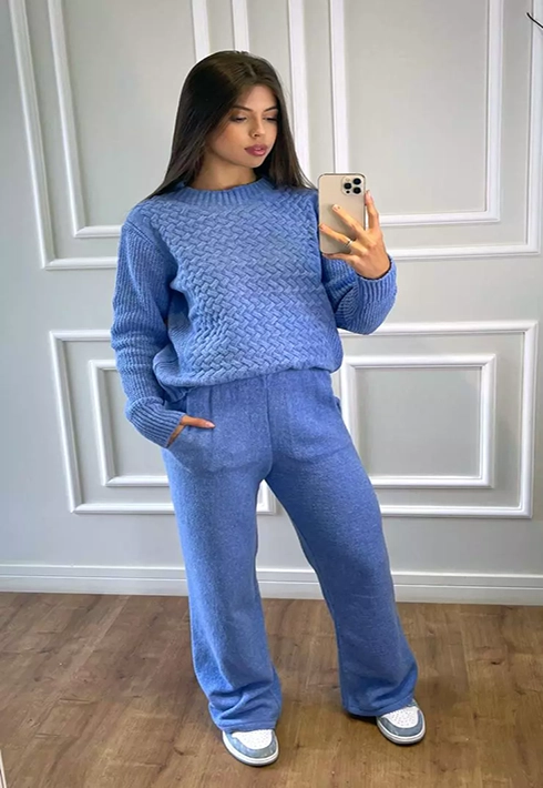 Conjunto Tricot Trançado Azul Jeans