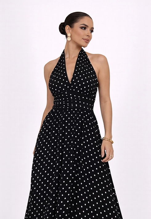 Vestido Longo Poá Preto Frente Única