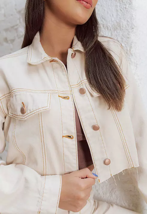 Jaqueta Cropped Jeans Areia Feminino