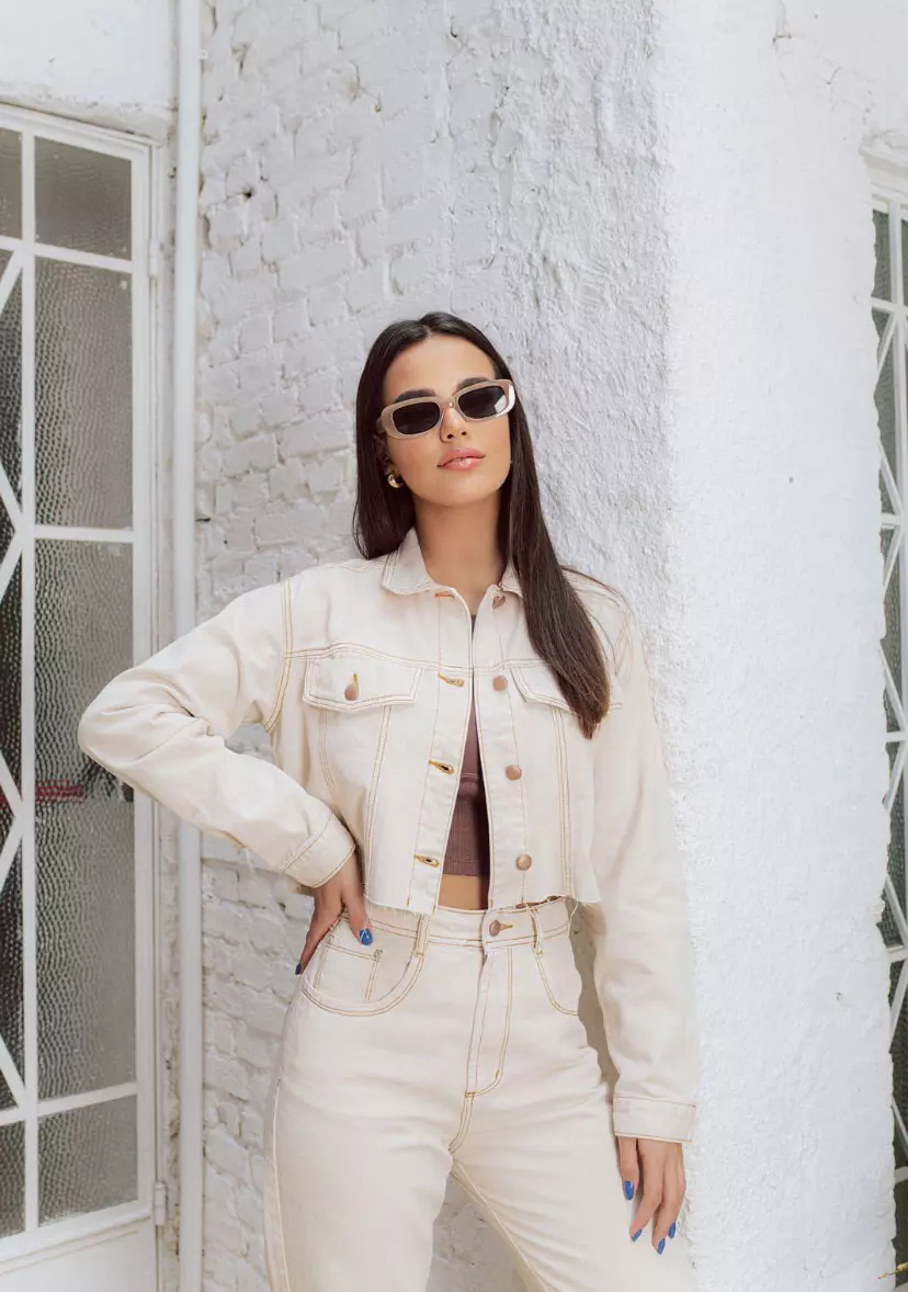 Jaqueta Cropped Jeans Areia