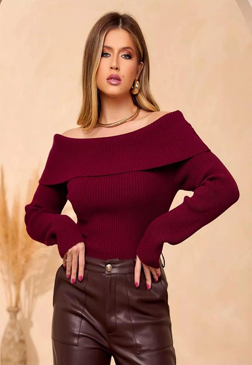 Blusa Tricot Ombro a Ombro Bordô Feminino