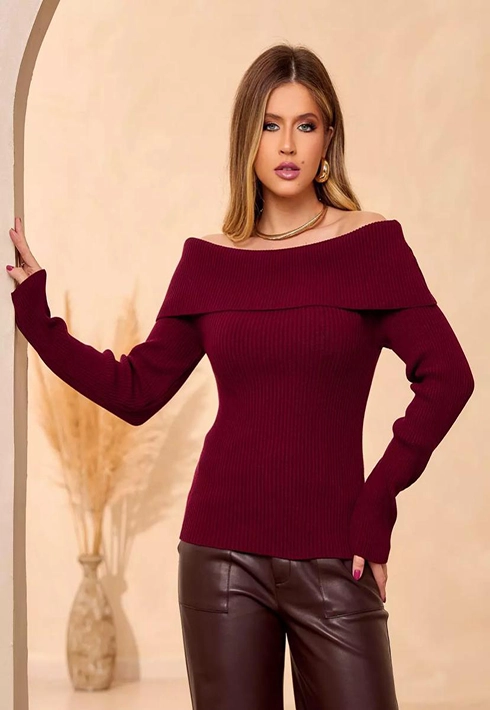 Blusa Tricot Ombro a Ombro Bordô