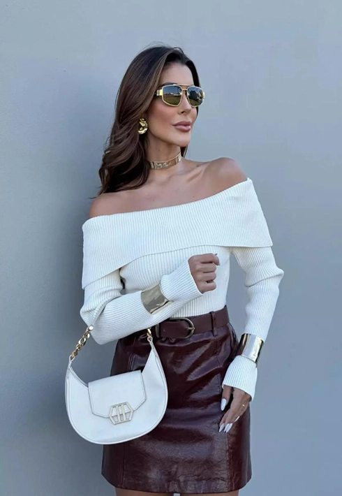 Blusa Tricot Ombro a Ombro Off White Feminino