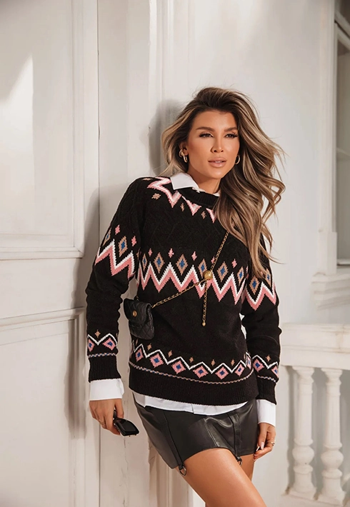 Blusa Tricot Losango Flora Preto Feminino