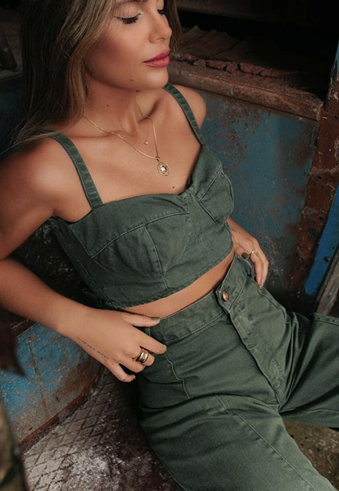 Top Jeans Lastex Verde Figueira